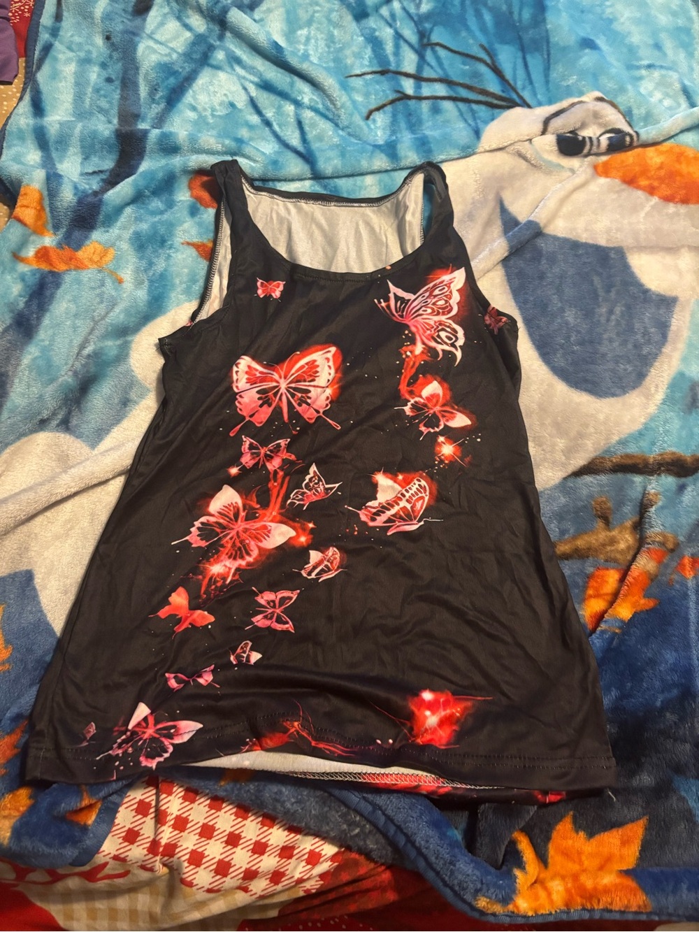 Black Tank Top with Red/Pink Butterfly Print